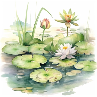 Watercolor Lily Pond Clipart, lily pad and frog pond, CLIPART, fish and birds