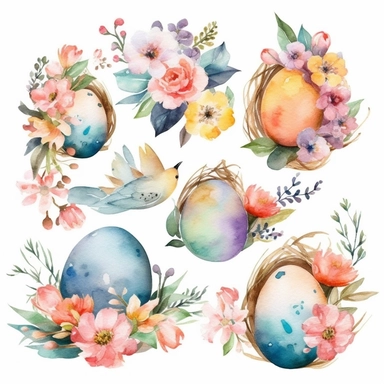 6 watercolor fancy easter clipart, isolated on white background,space out--ar3:2--s1000