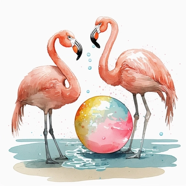 flamingos playing with small beach ball watercolor clip art