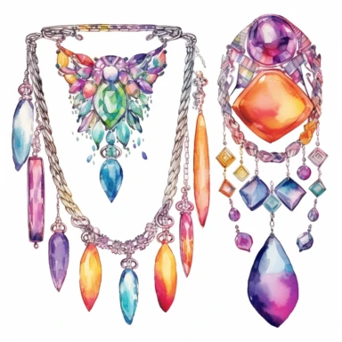 Disco jewelry necklaces and bracelets, watercolor sketch clipart isolated on white background -