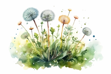 Watercolor dandelion and clover, standing in a group, solid background without color blot, clipart, high quality, 8k