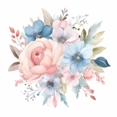 minimalistic and filigree watercolor clipart of a beautiful Dreamy soft pink and light blue flower arrangement for wedding cards, white background, seperated