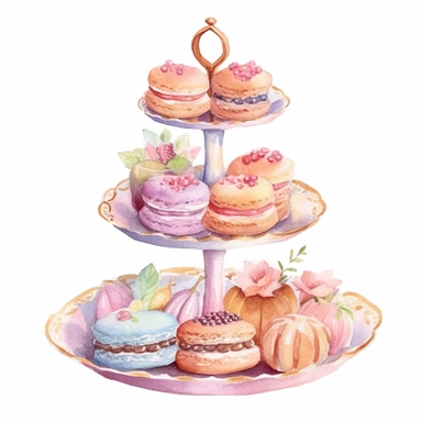 Clipart, Watercolor, Boho tier candy tray with cakes and sandwiches, pastel color, hand-draw, texture