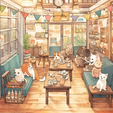 watercolor, Pet Café: Illustrate a cartoon featuring a pet-friendly café where people can enjoy drinks and treats while surrounded by cute and friendly pets. png Full body realistic cartoon in 32K UHD cute. 15 cm thick outline. Black color. There was no shadow on the ground. 8k with realistic watercolors and detailed illustrations. PNG clipart, transparent white background