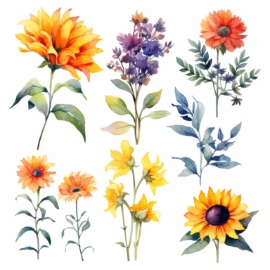 Create watercolor clipart sets featuring bright and blooming summer flowers like sunflowers, daisies, hibiscus, roses, and lavender, minimalist, bright colros, isolated white background, 8K