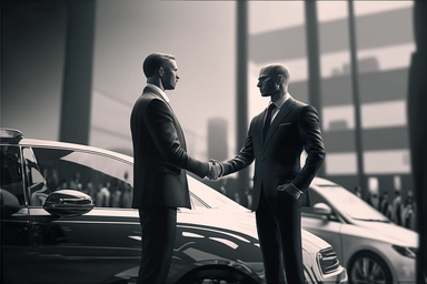 stock clipart, profiles of business people in front of car dealership, shaking hands, octane rendering, high detail, detail, sharp focus, noise reduction, vfx, post processing, 8k, no blur,