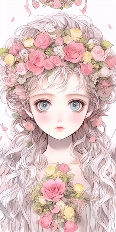 Watercolor beautiful wild roses fantasy forest angel girl with beautiful face and big eyes with flowers, with angel wing, chibi kawaii animated style, vivid vibrant colors, intricate detail, hyper detailed, hyper quality, 32K, unreal engine, isolated on white background, kawaii, clipart