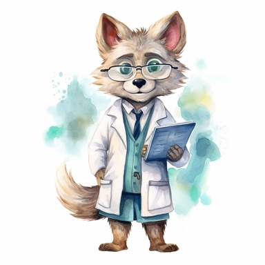 a cute watercolor clipart image with a white background, featuring a charming cute cartoon wolf doctor in a lab coat holding a medical chart