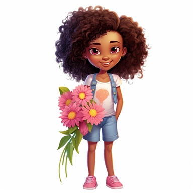 African American girl, pretty flower style cartoon, clipart, white background