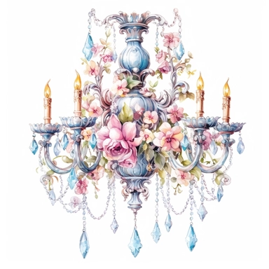 Make a clipart of a shabby chic, fairytale watercolor victorian chandelier, rococo, hd, white background