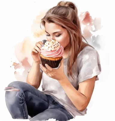 watercolor clipart white backgrond a woman eating a cupcake, in the style of nikon d850, hispanicore, outdoor scenes, brown, joyful and optimistic, batik, 32k uhd