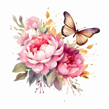 A watercolor clip art design featuring a peony bouquet, a fluttering butterfly, and colorful confetti, perfect for festive and joyful creations. - clip art, white background