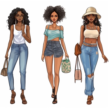 Denim girl clipart, Denim clipart, Fashion girl clipart, wearing denim shorts, brown leather sandals, Jeans Girl Clipart, African American clipart, Afro girls clipart, Clipart, ultra realistic, hand drawn,wearing the white crop tops, all with beautiful bright smiles, Full body. Clothing line, retail fashion, 2023, fashionnova, African american, mid sized models. Highly detailed. very attractive, glamorous, make up beautiful, gorgeous, glowing make - up. full body and heels. multiple outfits. ind