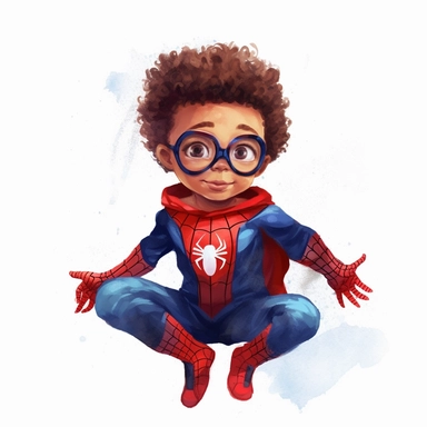 , A black little newborn baby boy superhero as marvels spiderman, sitting down, tiny cute little baby, curly afro hair, no glasses, red and blue colors, watercolor art, clipart