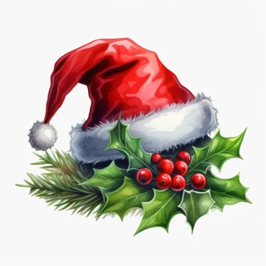 red santa claus hat and small Holly Berries Plant Isolate on Hat lateral view, clipart, transparent background, clear background, green leaves, high resolution, watercolor, vector, 12k, 300 dpi