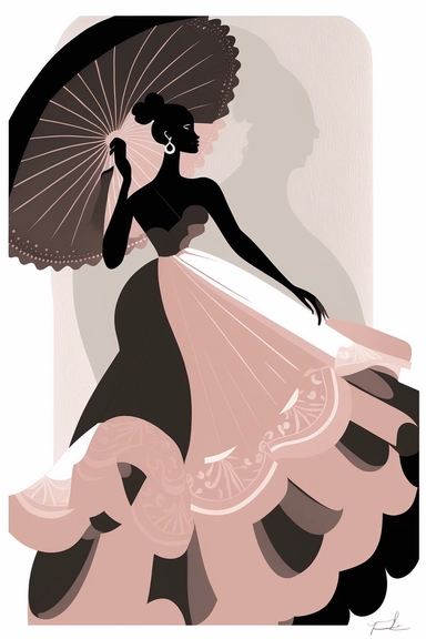 <https://s.mj.run/VafKh_OyowI> Mary Blair style, minimalistic nordic style single clipart, single black traditional spanish flamenco dancer fashion model, minimalistic pastel pink color palette,