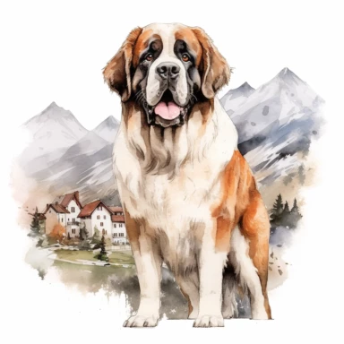 high detailed, Hand drawn watercolor clipart of a happy St. Bernard In Italy Alps, on a pure white background for background removal, no shadow, no paint splash