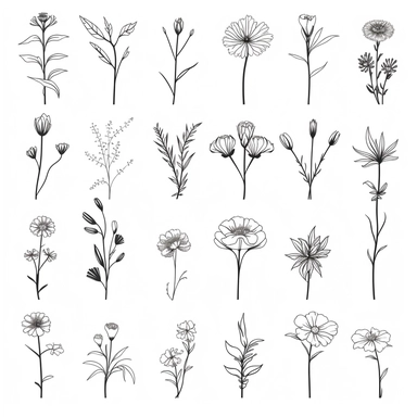birth flowers clipart set, minimalistic thin line pencil drawing, svg, white background, floral line art