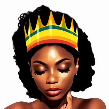 Clipart style, close in the face of a black woman. Her eyes are closed. Her eyelids are colored with the colors of the jamaica flag. She have a golden crown in her black power hair