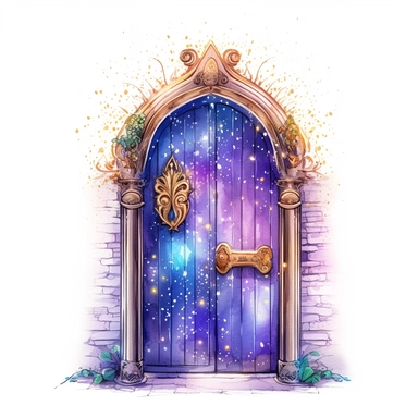 cartoon fairy door, glowing lights and sparkles, purple gold and blue, glamorous realistic and detailed, watercolor, white background with margins, clipart style