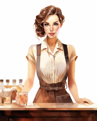watercolour pretty lady brunette waitress behind counter hd clipart white background