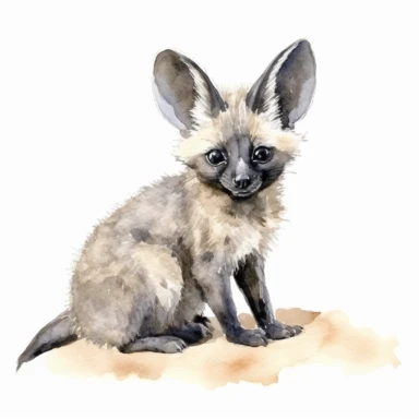 African bat-eared fox kit, clipart, white background, watercolor