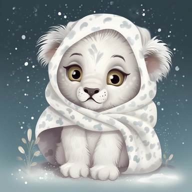 whimsical baby white lion with cute big eyes covered in a warm blanket with snow falling vector disney style clipart high detail