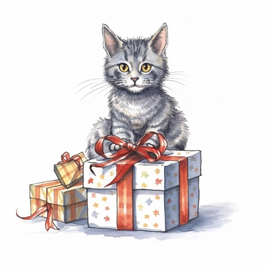 Axel scheffler illustration style cat christmas present, high definition, 16k, insanely detailed, fine detail, sharp focus, illustration, white background, isolated clipart vector
