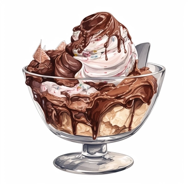 Watercolour of a chocoloate Ice Cream in aglass bowl , Clipart,Cartoon,hyper realistic, intricate detail isolated on a white background, high quality, sublimation, detailed, cartoon style