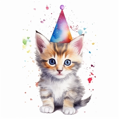 one kitten dressed in party hat and party hat clipart on a white background, in the style of realistic watercolor paintings, 32k uhd, cult party kei, made of paperclips, petcore, aquarellist, happenings , no watermark, text, 300 DPI , typography, shapes do not stick together, no text in the picture, on a white background