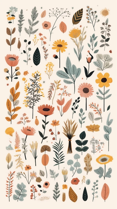 Trendy and versatile clipart collection featuring a clear set of hand-drawn elements, various flowers, bohemian patterns, patterned tiles, irregular typography, 8K resolution.