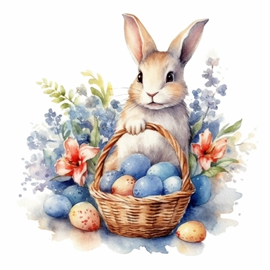 clipart, isolated on white background, Watercolor bunny and basket and colorful eggs, easter style, detailed, flowers, ornated, pastel colors