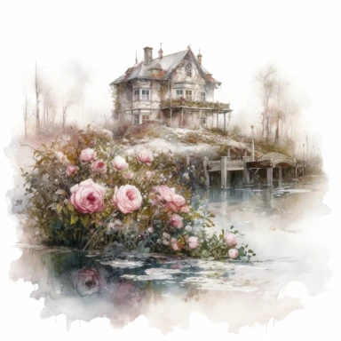 isolated on white illustration watercolor art of a elegant part of the lake embankment with small white houses overgrown with white and light pink roses and flowers, covered with snow and ice, a lot of moss and branches, lace and embroidery, masterpiece by Tomasz Alen Kopera style and by Carl Holsoe style and by James C. Christensen style and by Alexander Jansson style, Baroque Architecture, PNG clipart, isolated on white, white background, extreme photorealistic details, 32k HD resolution, real