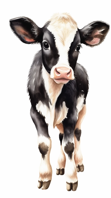 cute baby dairy cow, black and white, full body, clipart style watercolour fill, white background, realistic illustration
