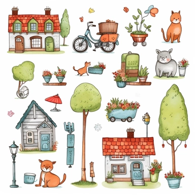 cute small houses, garden flowers and trees,cat, dog,bench, flower pots, fench,bycycle, house keys,postbox,birds,cute bettle car,outdoor lamps cliparts in hand drawn vector illustration on white background.