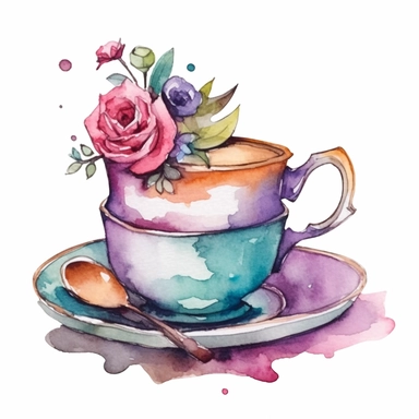 a Cute little a tea set, alice in wonderland inspired mad hatter tea party , Watercolor Clipart,white background Clipart ,single design, single object, watercolor illustration by Lizzie Mackay ,print on demand image, PNG transparent background, white background for removing background
