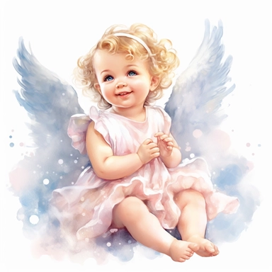 delightful watercolor image, full body cute newborn baby angel girl on white background, she is sitting on a cloud in pink dress and smiling gently. She has sparkling blue eyes twinkled with wonder and blond curls on her head, professional watercolor clipart, high resolution