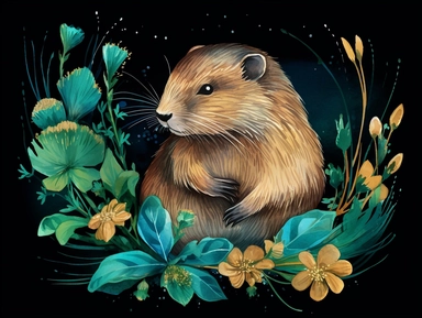 deep emerald gold watercolor Muskrat with flowers plants clipart, golden metallic lines and some glitter, shining colors, dark background, 8k, high resolution