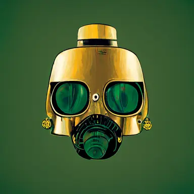 evil science robot in a gas mask, gold and green, clipart