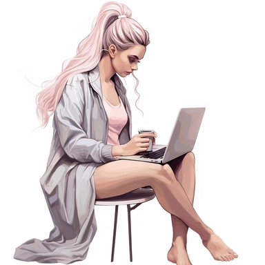 fashion illustration cute woman with hair in a bun working on a laptop with pastel long hair full body clipart