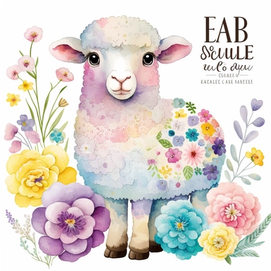 An adorable watercolour Easter baby lamb with big eyes surrounded by flowers and Easter egg clipart, all in pastel colours. A fluffy white lamb sits in the centre of the image, surrounded by a variety of colourful flowers in pink, purple, and yellow hues. The lamb has big, expressive eyes and a small pink nose, and is holding a colourful Easter egg in its mouth. The flowers and Easter eggs scattered around the lamb add to the overall springtime feel of the image. The lamb is situated in a lush m