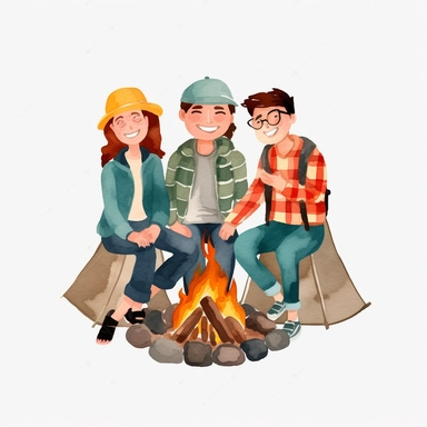 Watercolor group of friends three four people camping bbq cat smile png Full body realistic cartoon 32k UHD cute. 15 cm thick outline. Black color. There was no shadow on the ground. with realistic watercolors and detailed illustrations. Cartoon, PNG clipart, transparent white background