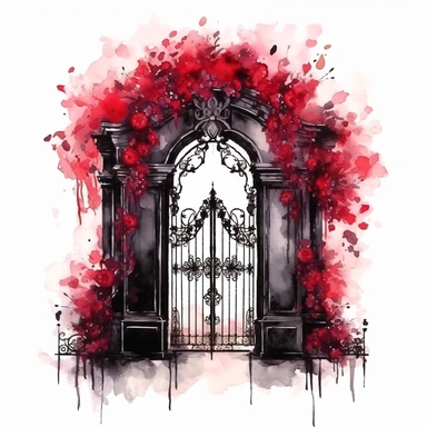 watercolor, gothic floral entry gate, clipart, red,black