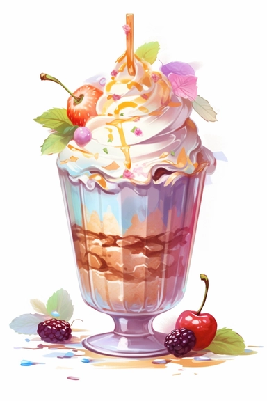 picturesque, a bright fudge sundae, clipart on white background, watercolor style, spring vibes, detailing in pastel colors, high quality, painted by Beatrix Potter, 8k