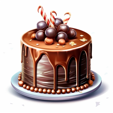Design a realistic clipart image of a chocolate birthday cake. Depict the cake with smooth ganache, chocolate shavings, and decorative chocolate accents.