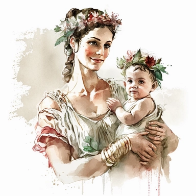 a beautiful and ultra realistic hellenistic dressed happy woman holding her hellenistic dressed baby with watercolor effect,ultra realistic,ancient greece vibe,white background,suitable for digital clipart,hellenistic scene,ancient greece,vibrantly colors,greek columns