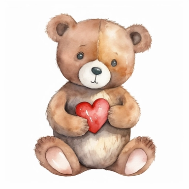 adorable brown teddy bear holding a heart, hand painted, watercolor, clipart, white background,