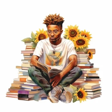 imagine black, African American young man surrounded by books and sunflowers whilst reading intently, clipart, hyper realistic, watercolor style, white background