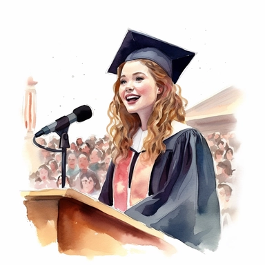 watercolor illustration of a college Graduation Speech, Clip art, in the style of romantic illustration, Hand drawn, high detail, soft-focused realism