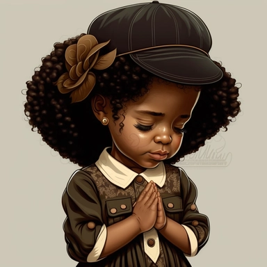 clipart style Afro Latina 7 years old, praying, happy praying hands, curly dark brown hair wearing a beret hat, closed eyes, short sleeve summer dress, dress over the knees.